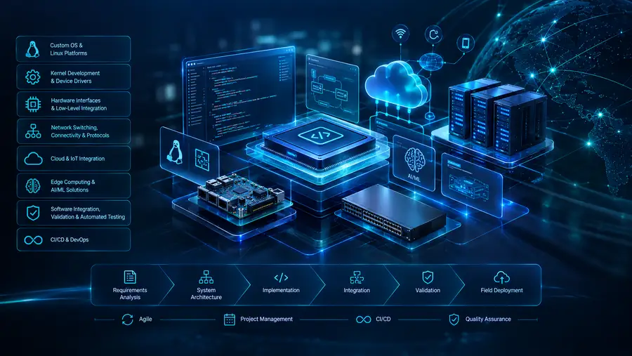 Venko engineering capabilities: Linux platforms, kernel, hardware interfaces, networking, cloud, edge AI, testing and CI/CD